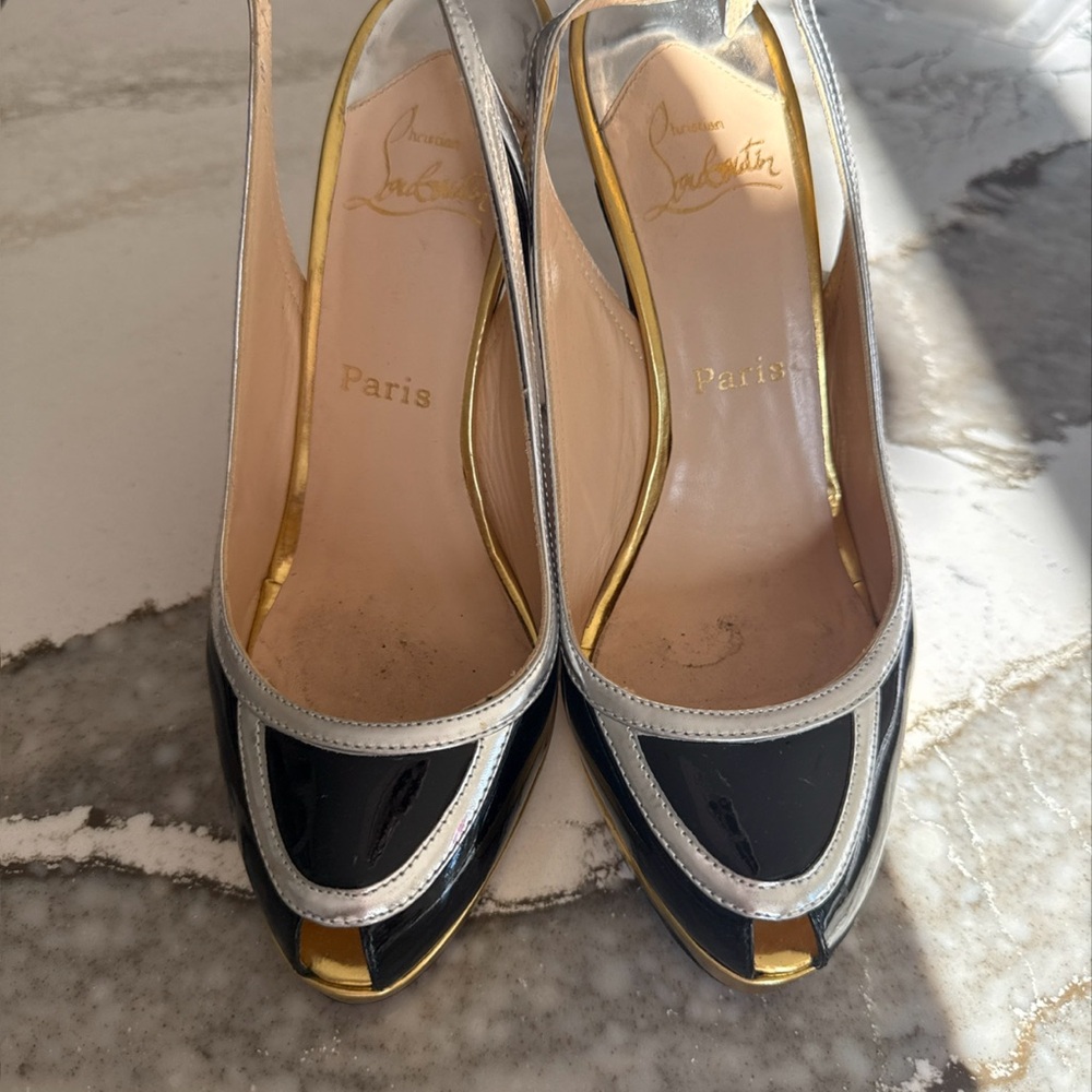 Christian Louboutin Black and Gold Peep-Toe Heels - Picture 2 of 5